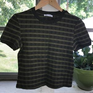 New Zara Green Black Striped Tee Shirt